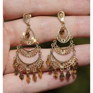 Vintage 14k Solid Gold Chandelier Dangle Drop Heart Earrings - Turkey Filigree